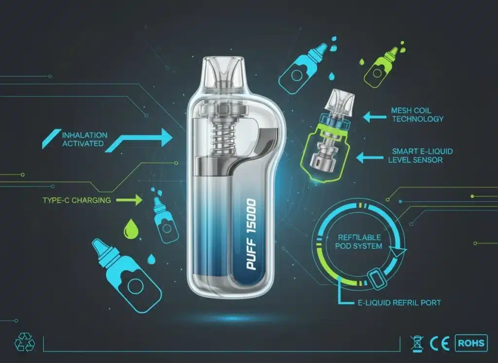 NouvellesMode d'Emploi Complet : Comment Utiliser, Remplir et Recharger votre Puff 15000a modern and informative illustration of the puff
