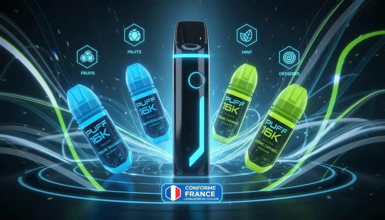 NouvellesPuff 16k en France : Démêler le Vrai du Faux sur la Réglementationfuturistic illustration featuring vibrant e liquid