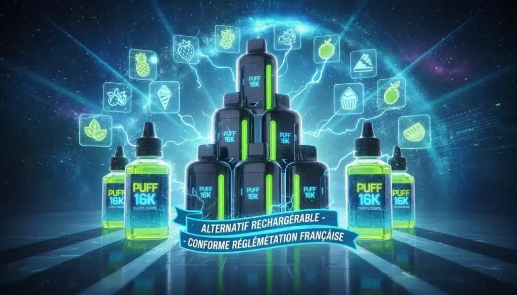 NouvellesAdieu la Puff 16k ? Les Meilleures Alternatives Légales et Rechargeablesfuturistic illustration highlighting vibrant e liq