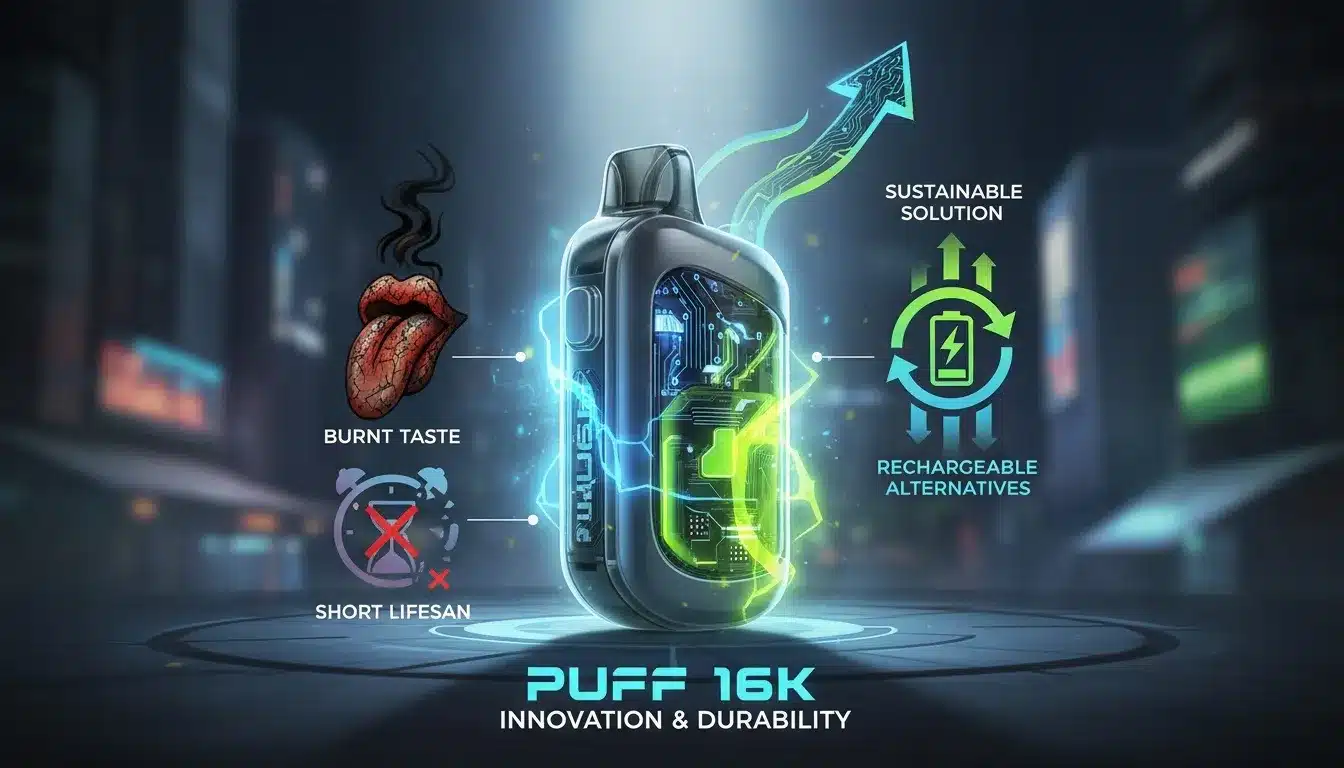 NouvellesRetrouvez les saveurs de la Puff 16k dans les e-liquides pour puffs rechargeablesfuturistic illustration of a central puff k vape